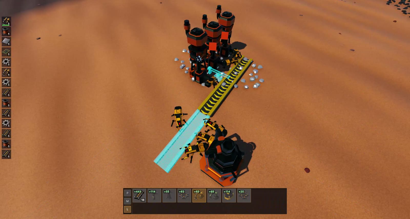 A belt line running out of the smelter stack, worked end to end by the colony.