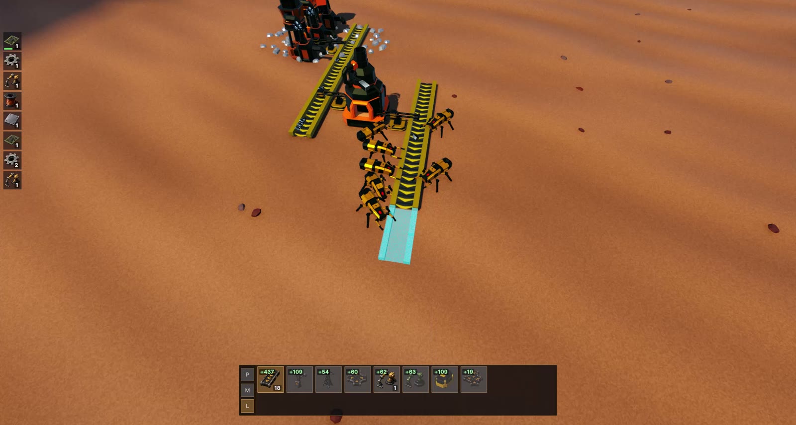 Ants massed around the smelters mid-haul, hauling ore in from two directions.